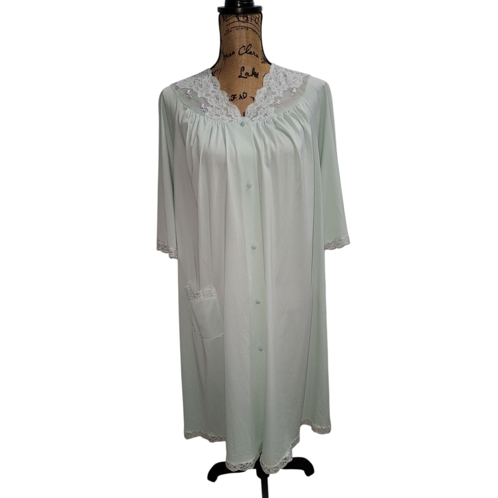 Shadowline Mint Green Nightgown Lace Trim‎ Floral Embroidery Button Front Size L